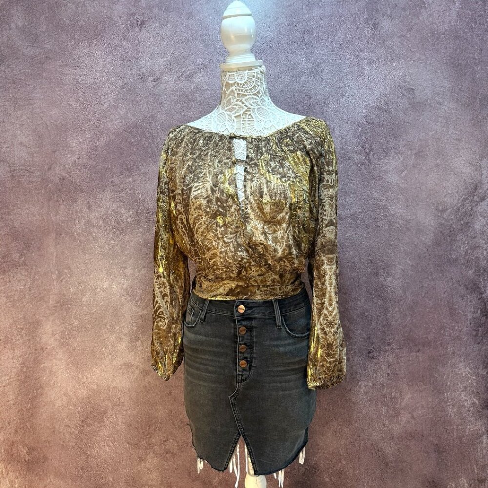 BCBGMaxAzria Sheer Brown and Gold Metallic Tie Front Blouse